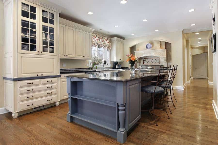 Painted Kitchen Cabinets with Grey Center Island