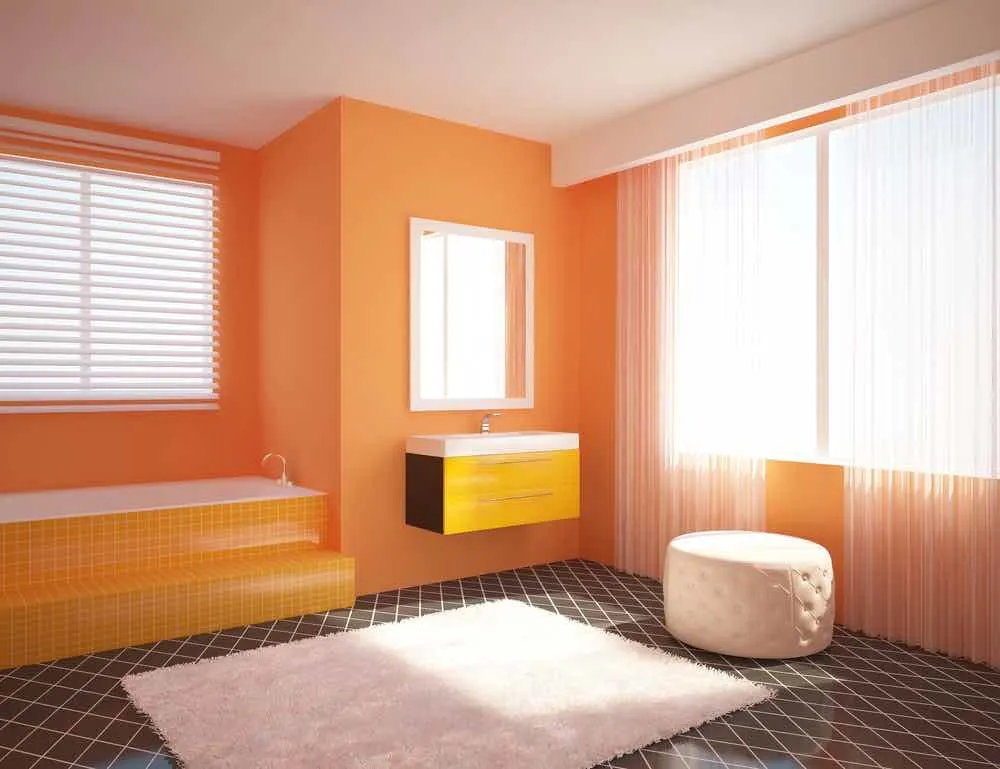 22 Inspiring Bathroom Paint Colors 20 A super well lit contemporary bathroom with orange tiled tub and vanity and tangerine painted walls.