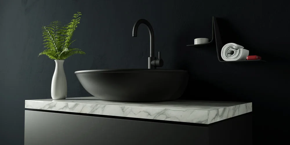 22 Inspiring Bathroom Paint Colors 14 A matte black sink and vanity with white marble countertop and black painted wall.