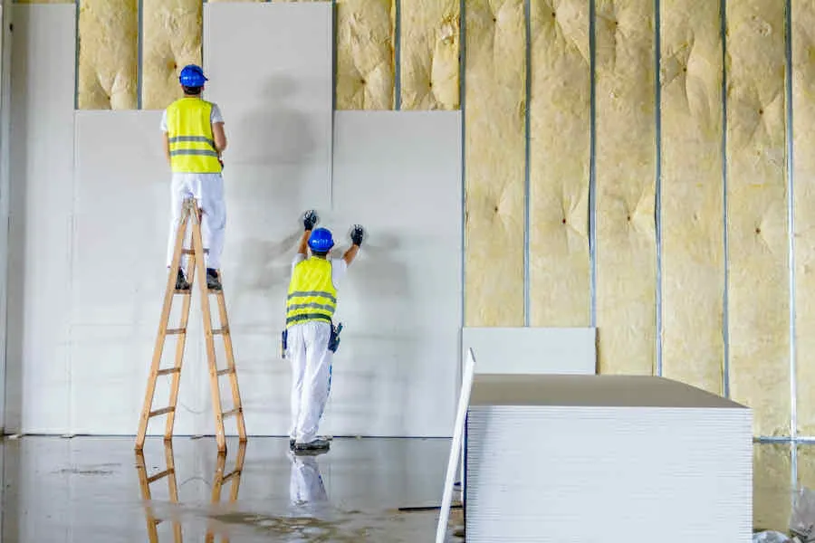 Drywall Sizes: Everything You Need to Know 2 workers assemble drywall while standing on a ladder