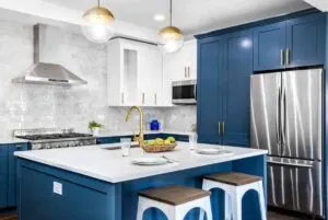 blue cabinets painted with Benjamin Moore cabinet paint
