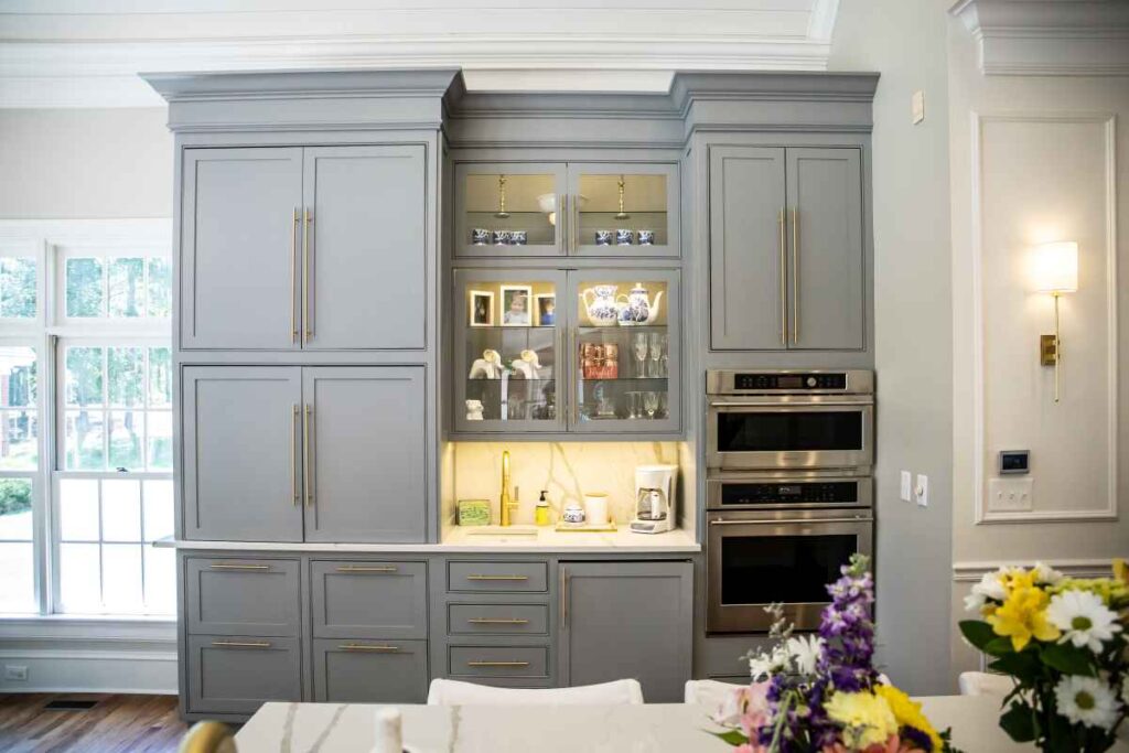 Gray cabinets painted with Sherwin Williams cabinet paint