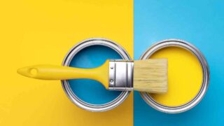 blue and yellow paint cans with paint brush indicating satin vs semi gloss sheens