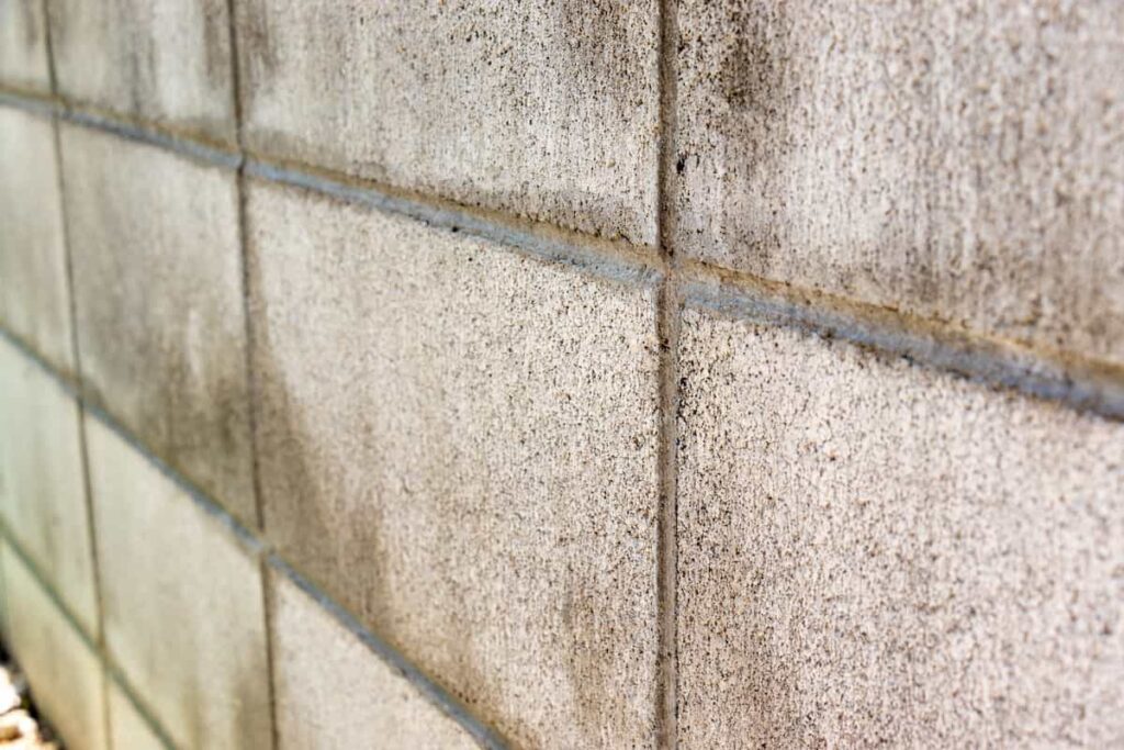 Angled view of an unpainted concrete block wall.