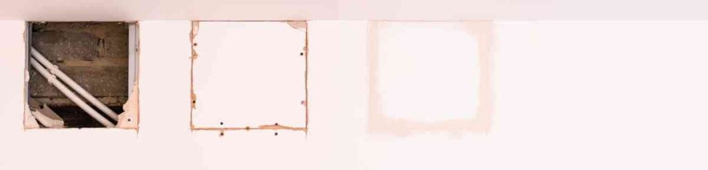 Image showing the progression of drywall repair from the hole to the repaired wall