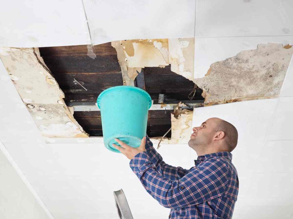 Man holding a bucket up to catch water while thinking about drywall repair cost