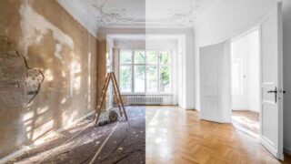 Living room before and after paint showing how to prep walls for painting