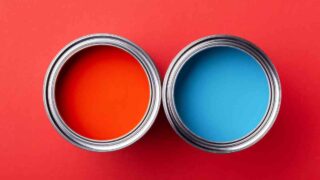 Red and blue gallons of paint to decide between behr vs sherwin williams