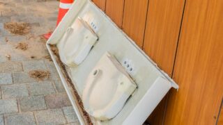 Old bathroom countertop leaning against a wall. Replacing bathroom countertop